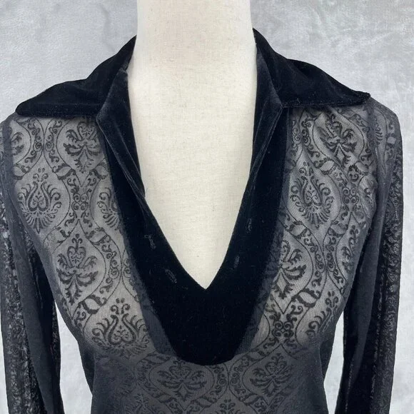 Vintage 90s Sheer Velvet Burnout Bell Sleeve V-Neck Top Hippie Goth - Picture 2 of 10